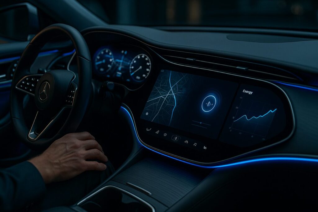 Schermo MBUX con intelligenza artificiale a bordo di un'auto premium a noleggio lungo termine