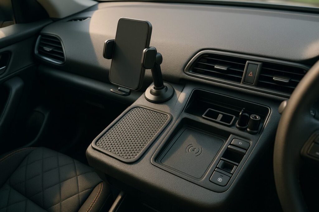 Accessori removibili e reversibili per auto a noleggio: supporti smartphone, tappetini, caricatori wireless e organizer portatili