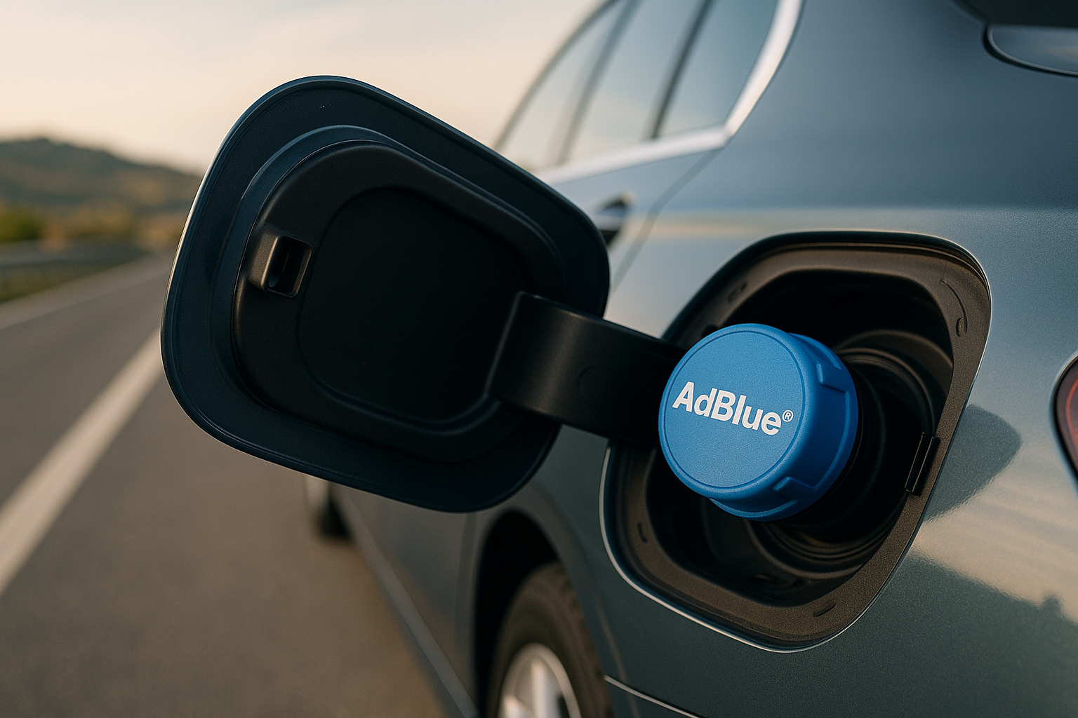 Tappo del serbatoio AdBlue su un'auto diesel moderna con autostrada italiana sullo sfondo