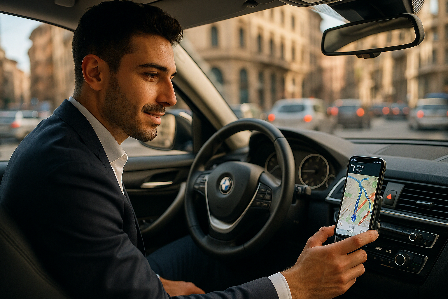 Automobilista italiano che utilizza un'app per il traffico su smartphone montato nel cruscotto dell'auto in città