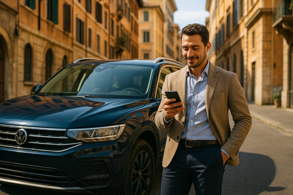 Privato che gestisce l'assistenza stradale del noleggio a lungo termine tramite smartphone in città italiana