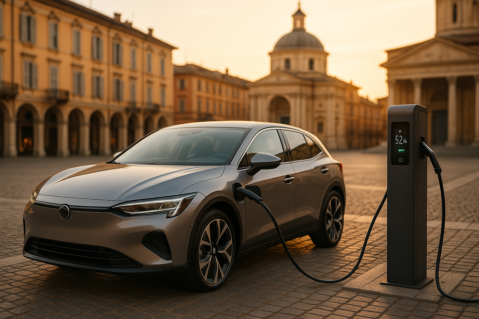 Auto elettrica in ricarica a una colonnina pubblica in una città italiana