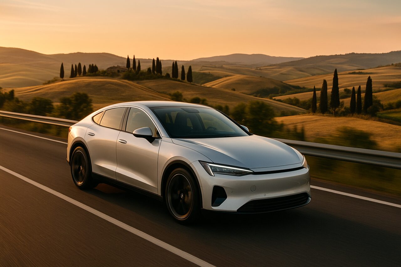 Auto elettrica in noleggio a lungo termine su autostrada italiana con paesaggio toscano sullo sfondo