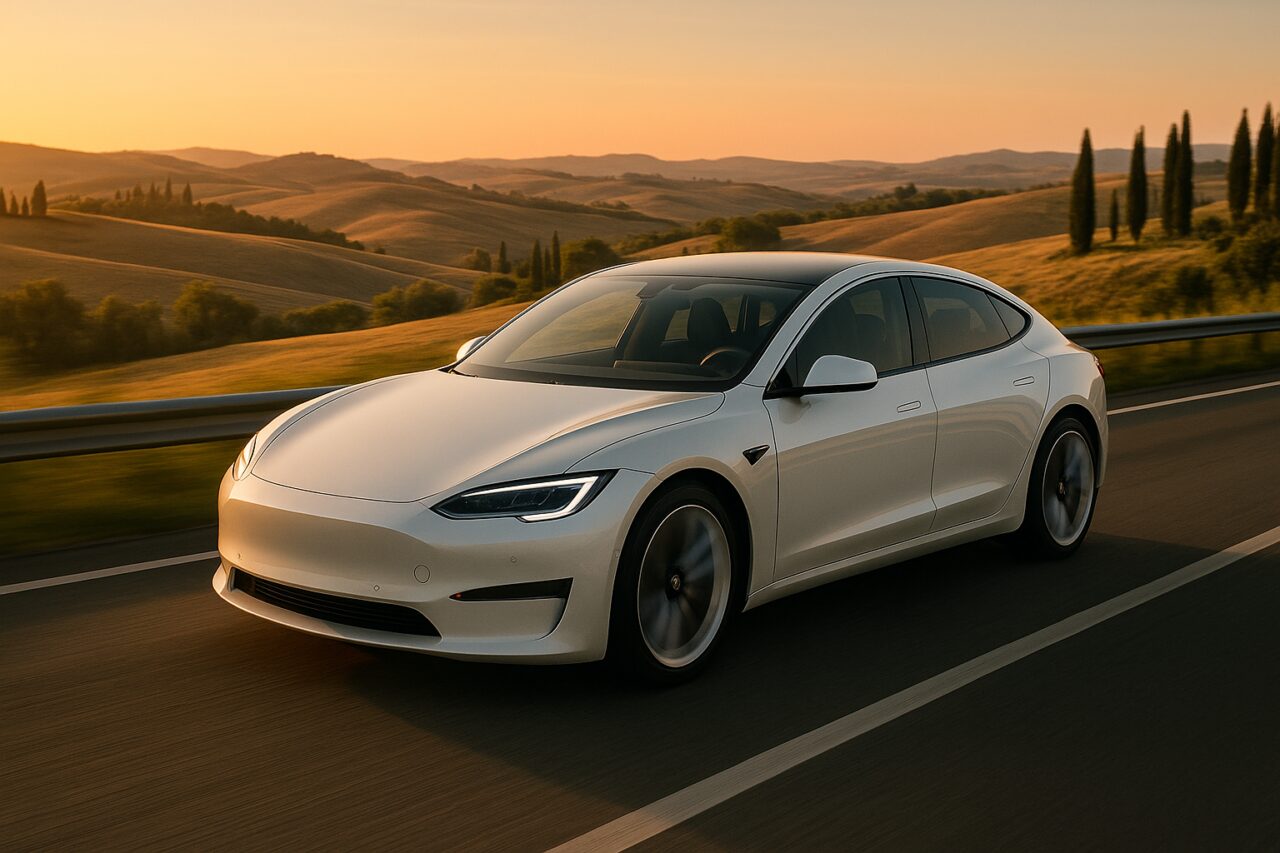 Auto elettrica in noleggio a lungo termine su autostrada italiana, viaggio lungo comfort e autonomia