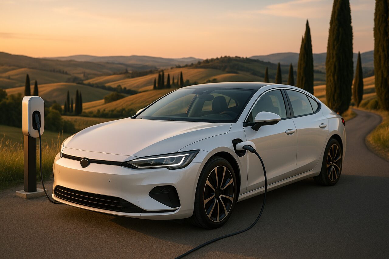 Auto elettrica in noleggio a lungo termine in ricarica su strada italiana con paesaggio collinare sullo sfondo