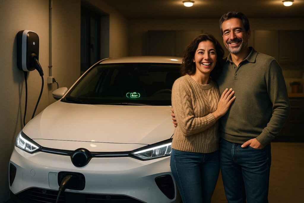 Coppia italiana con auto elettrica in ricarica su wallbox domestica durante la notte, noleggio a lungo termine