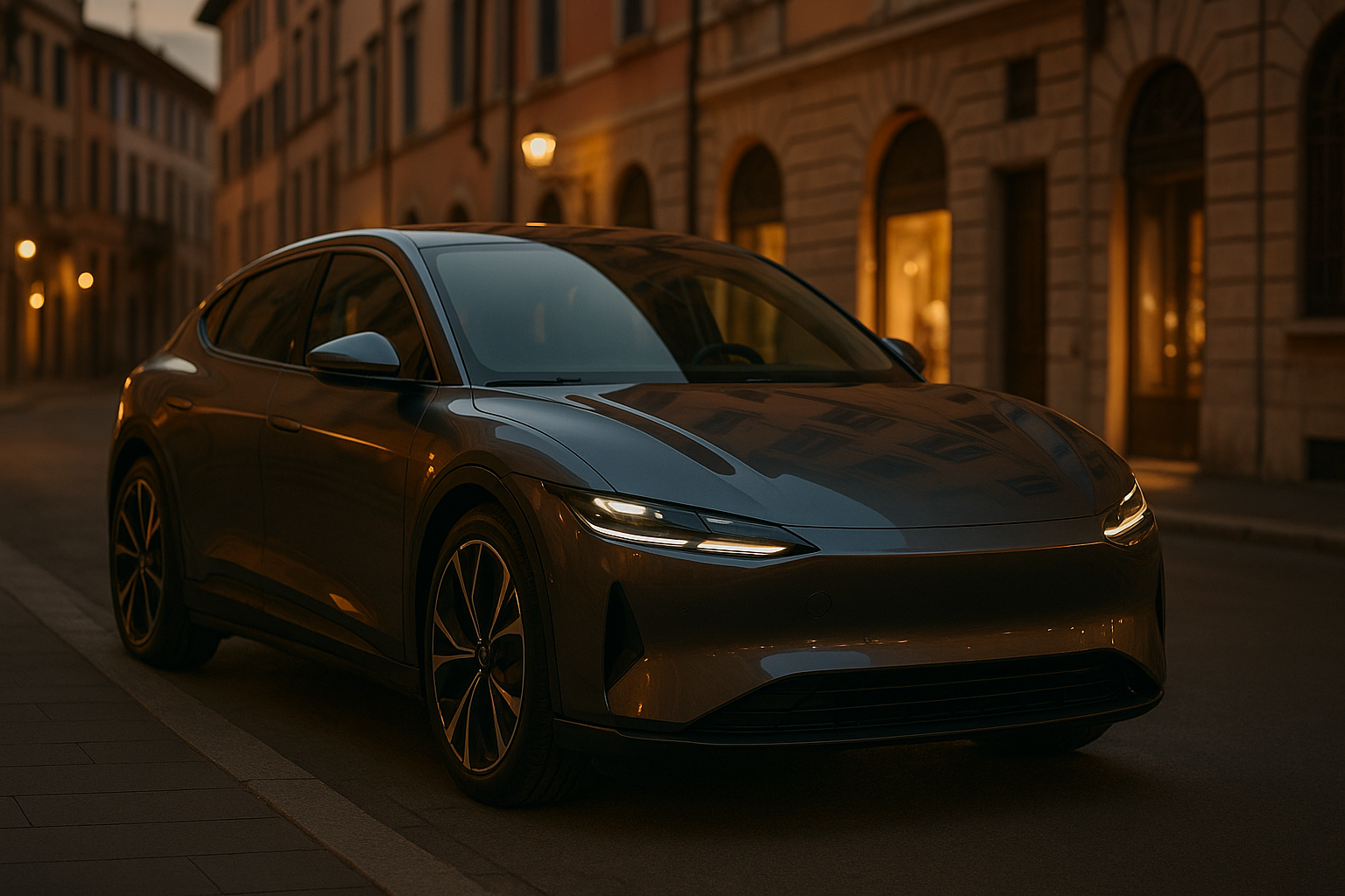 Auto elettrica moderna parcheggiata in città italiana, sicura e tecnologica