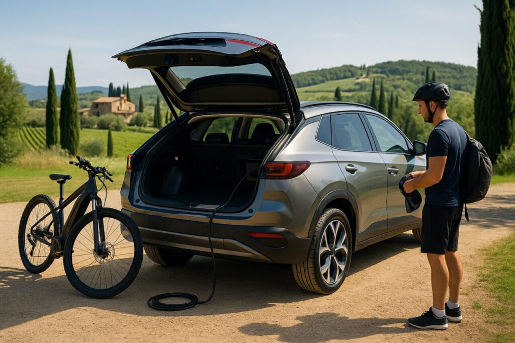 Auto elettrica con sistema V2L che ricarica una e-bike nel bagagliaio durante una gita in campagna