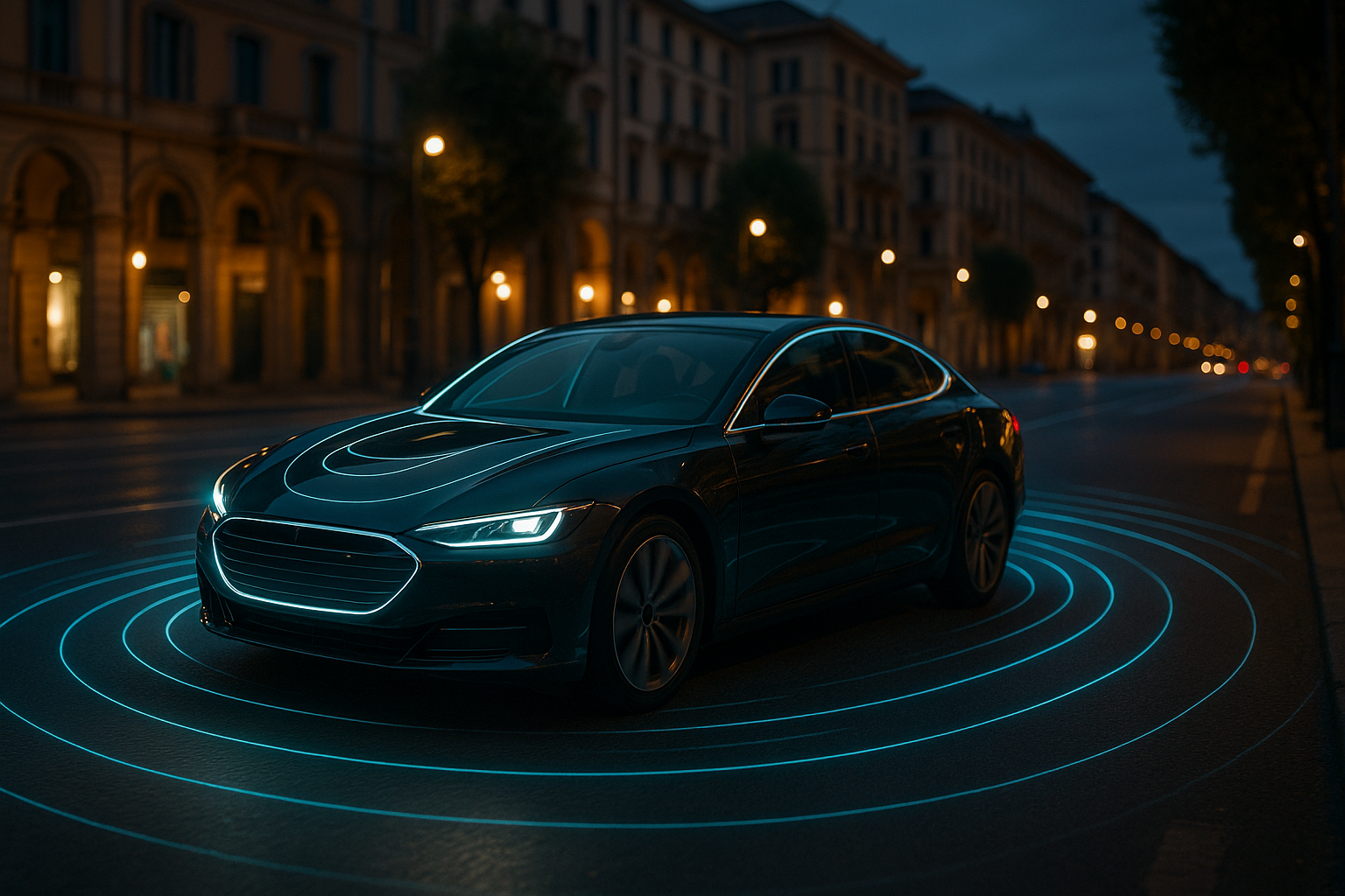 Auto a guida autonoma in noleggio a lungo termine su strada italiana con tecnologia ADAS avanzata