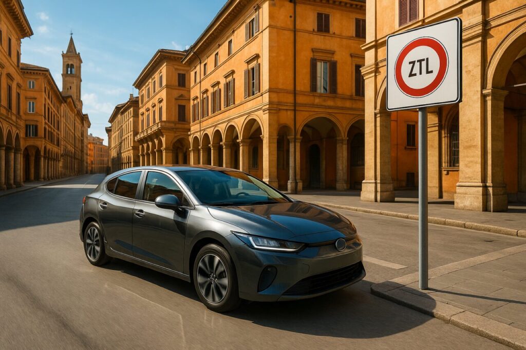 Auto moderna ibrida in zona ZTL città italiana, noleggio a lungo termine senza limitazioni circolazione