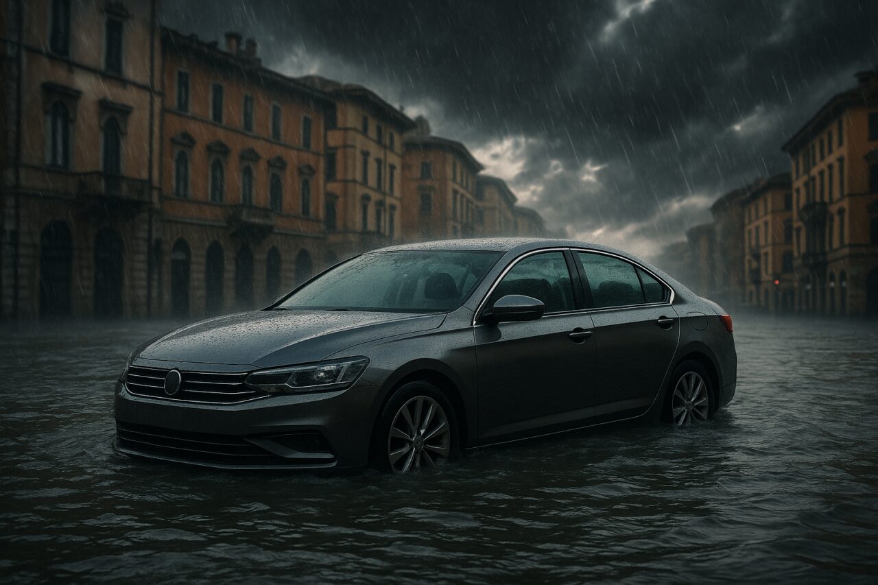Auto a noleggio allagata su strada inondata durante un temporale in Italia