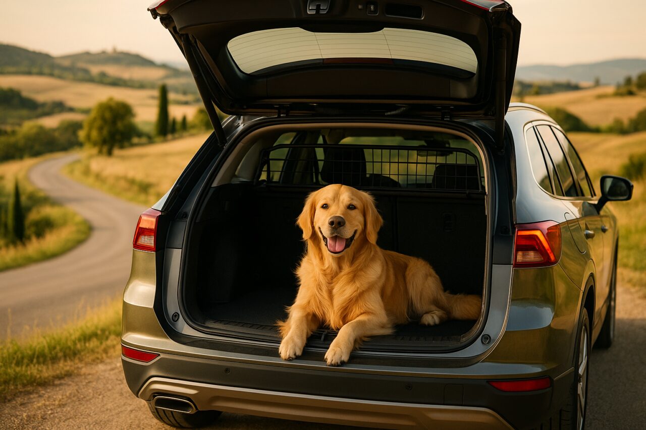 Cane golden retriever trasportato in sicurezza nel bagagliaio di un SUV in noleggio a lungo termine