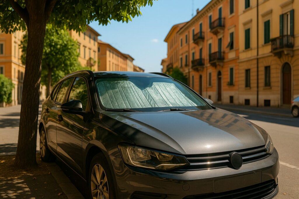 Auto parcheggiata all'ombra con parasole anteriore per proteggere il parabrezza dal calore estivo in Italia