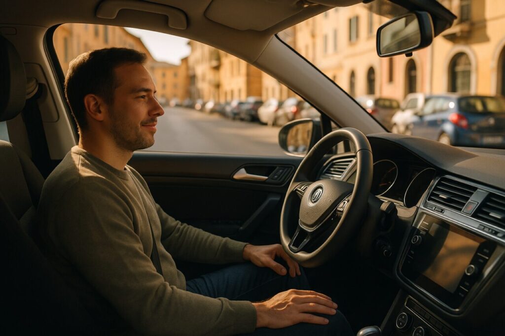 Automobilista che aspetta qualche minuto prima di spegnere il motore dopo un lungo viaggio, buone abitudini di guida