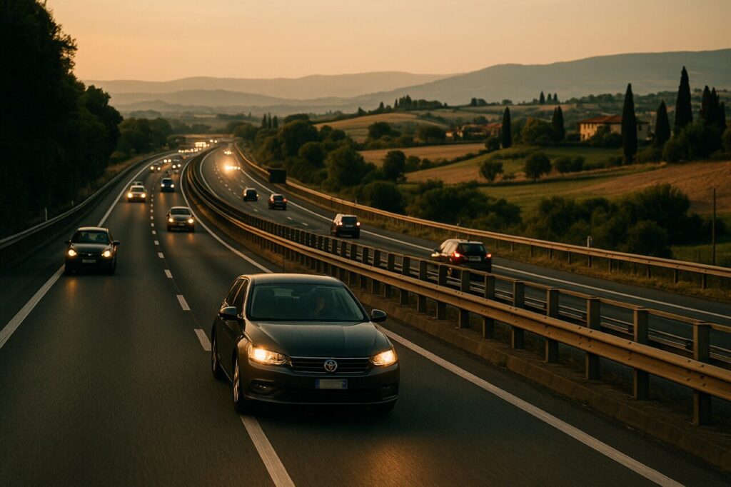 Automobili su un'autostrada italiana di sera con fari accesi - segnalazione luminosa e sicurezza stradale in Italia