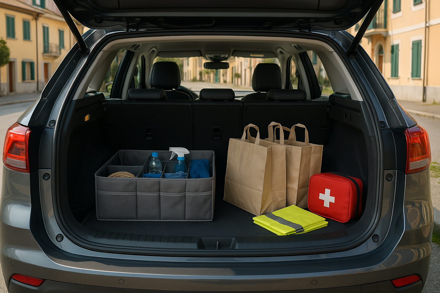 Bagagliaio auto organizzato con organizer, borse riutilizzabili e kit di emergenza in un SUV moderno