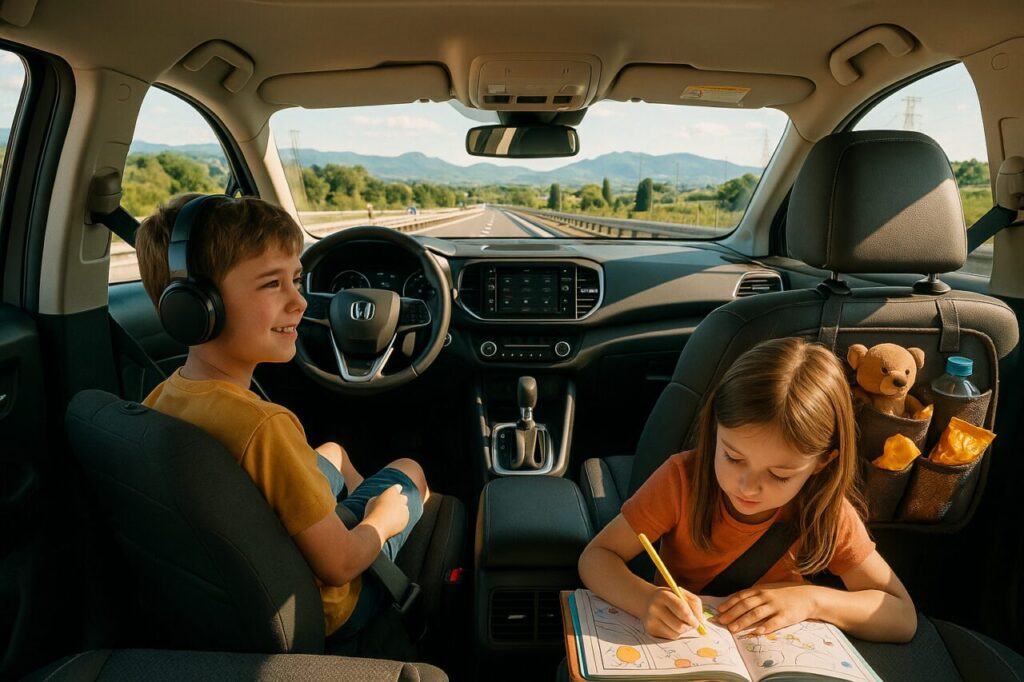 Bambini intrattenuti con giochi e audiolibri durante un viaggio in auto in famiglia