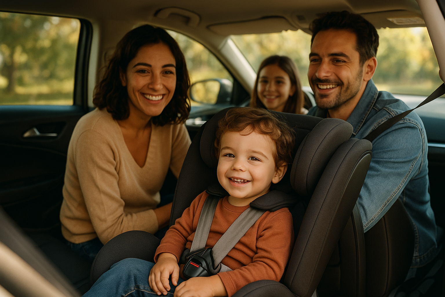Bambino sicuro nel seggiolino auto durante viaggio in famiglia in Italia