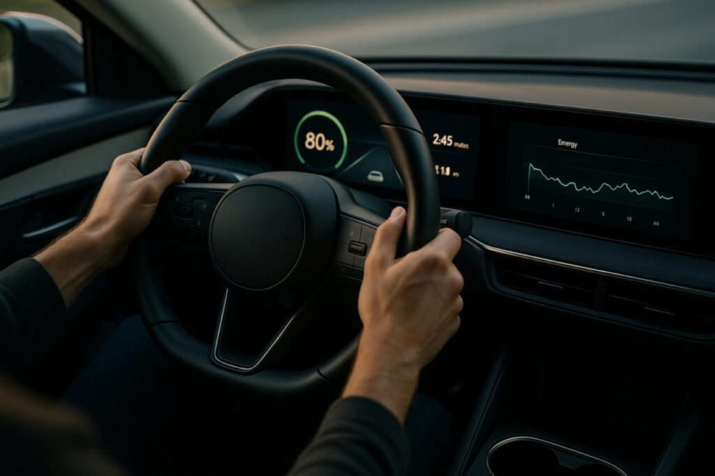 Schermo digitale di un'auto elettrica che mostra il livello di carica della batteria all'80% per massimizzare l'autonomia