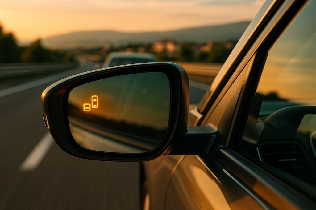 Sistema Blind Spot Monitoring e sensori ADAS su auto moderna in noleggio a lungo termine