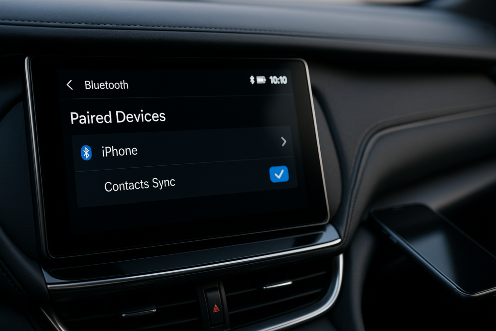 Schermata Bluetooth del sistema di infotainment con contatti sincronizzati e dispositivi abbinati da cancellare prima della riconsegna del veicolo a noleggio