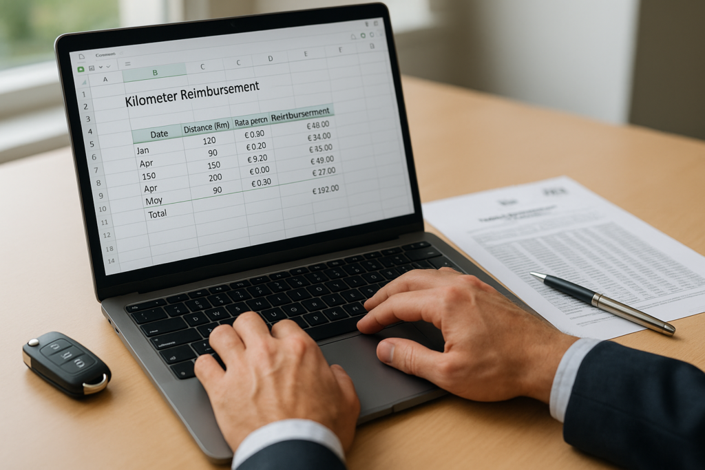 Calcolo rimborso chilometrico con tabelle ACI 2025 su laptop in ufficio aziendale