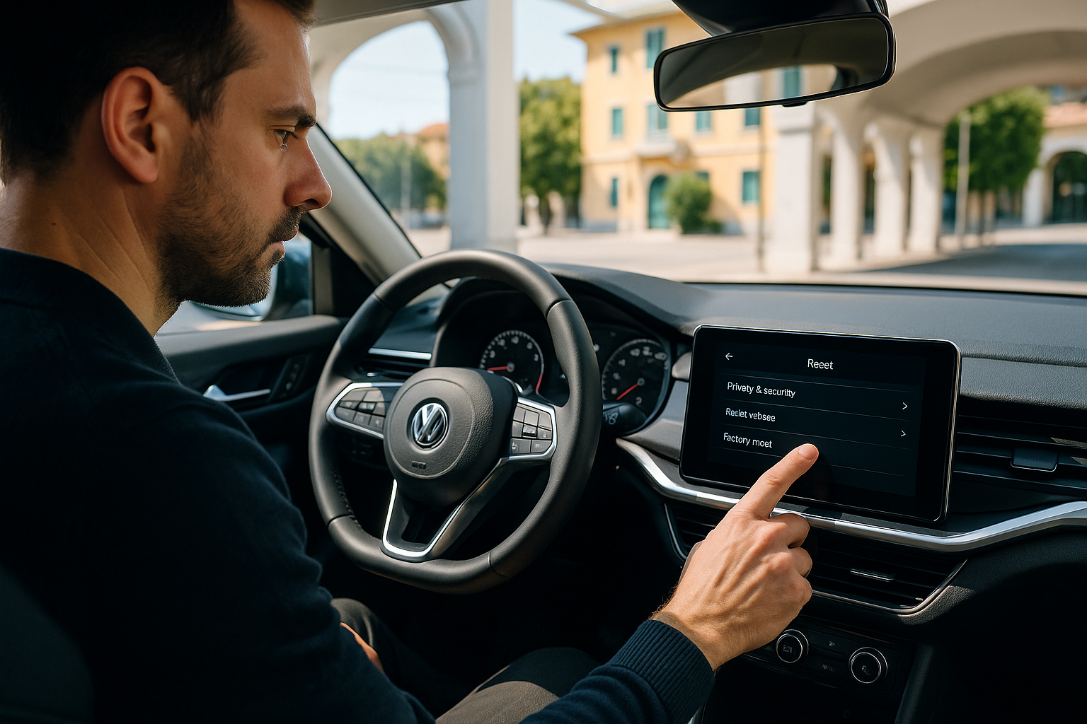 Persona che cancella i dati personali dal sistema di infotainment prima della restituzione dell'auto a noleggio a lungo termine
