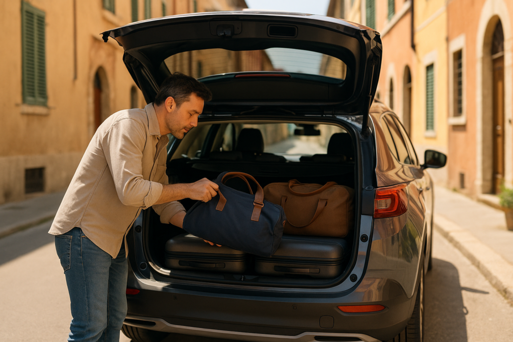 Caricamento bagagli nel bagagliaio di un'auto a noleggio a lungo termine prima di un road trip