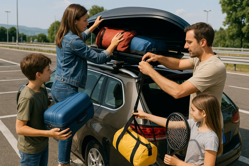 Famiglia carica bagagli nel box da tetto rispettando normativa trasporto carichi