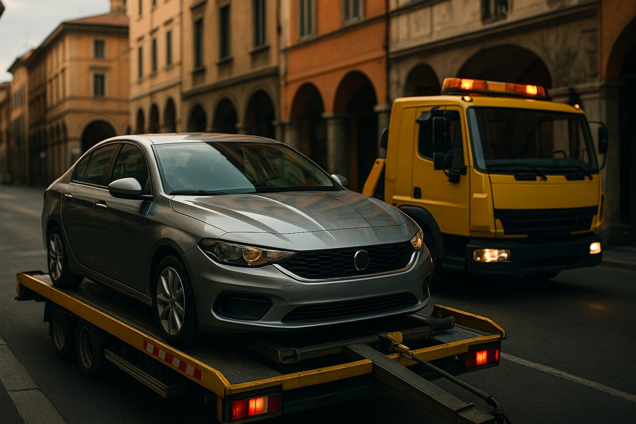 Carro attrezzi che rimuove un'auto a noleggio in una città italiana