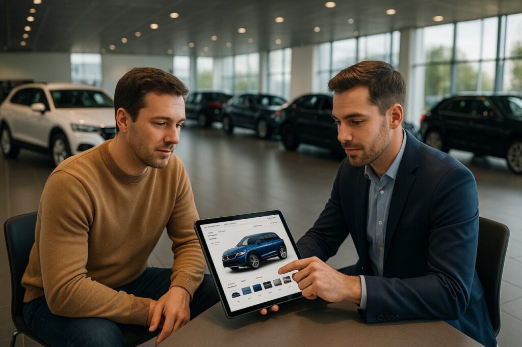 Consulente di noleggio che aiuta un cliente a configurare gli optional di un'auto a lungo termine tramite schermo digitale in showroom