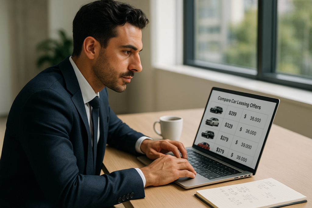 Uomo confronta offerte di noleggio a lungo termine online calcolando il canone mensile