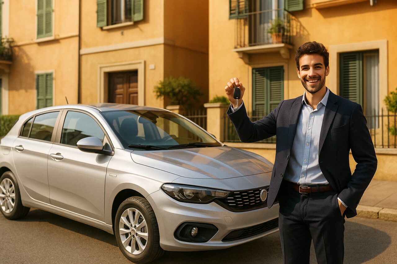 Uomo soddisfatto che riceve la sua auto a noleggio a lungo termine davanti a casa in Italia