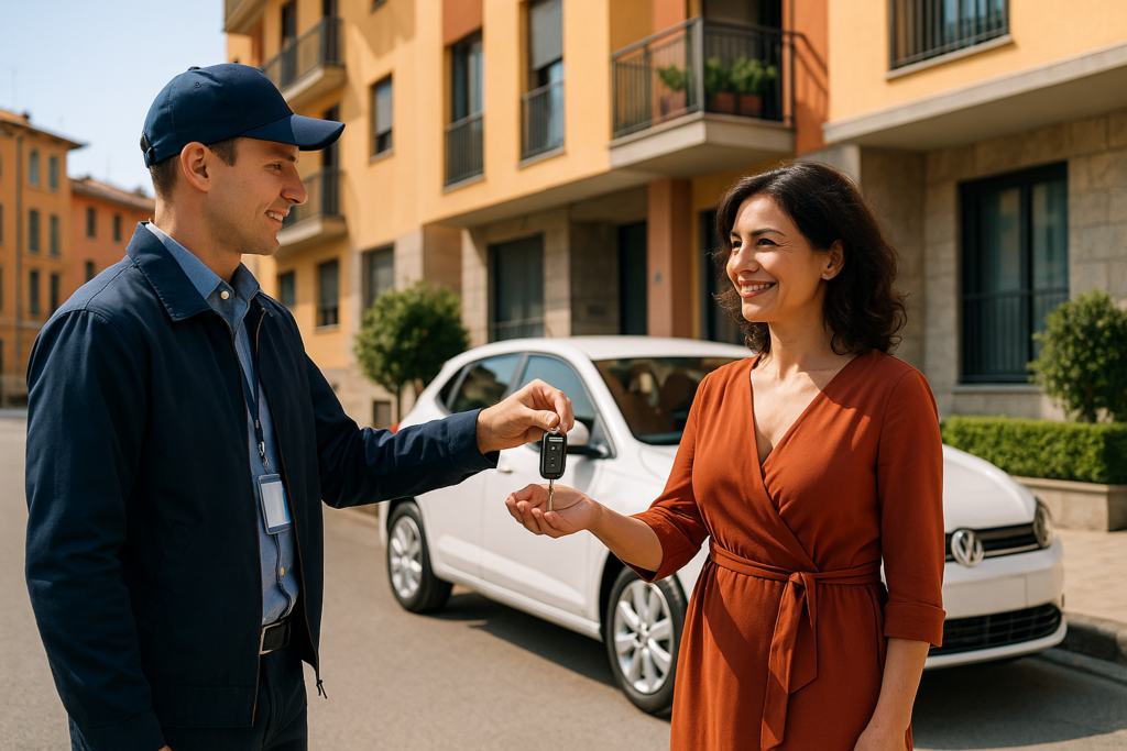 Consegna a domicilio di un'auto a noleggio lungo termine a una cliente soddisfatta davanti a un palazzo italiano