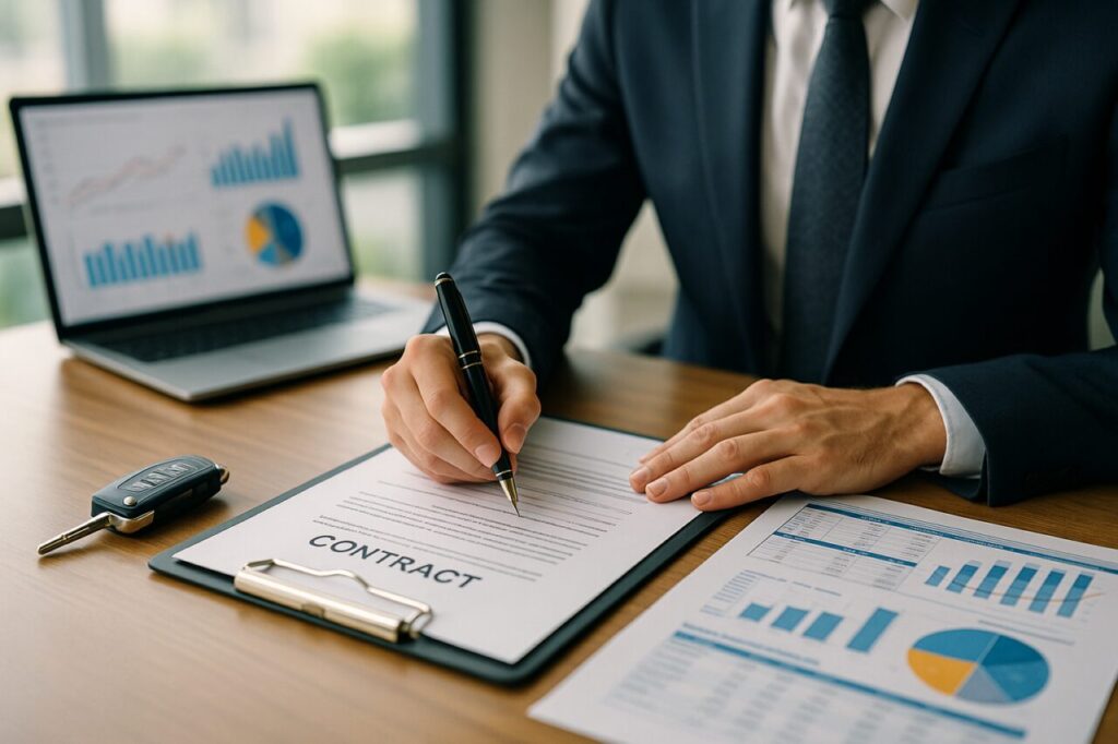 Imprenditore firma contratto di noleggio a lungo termine aziendale senza anticipo