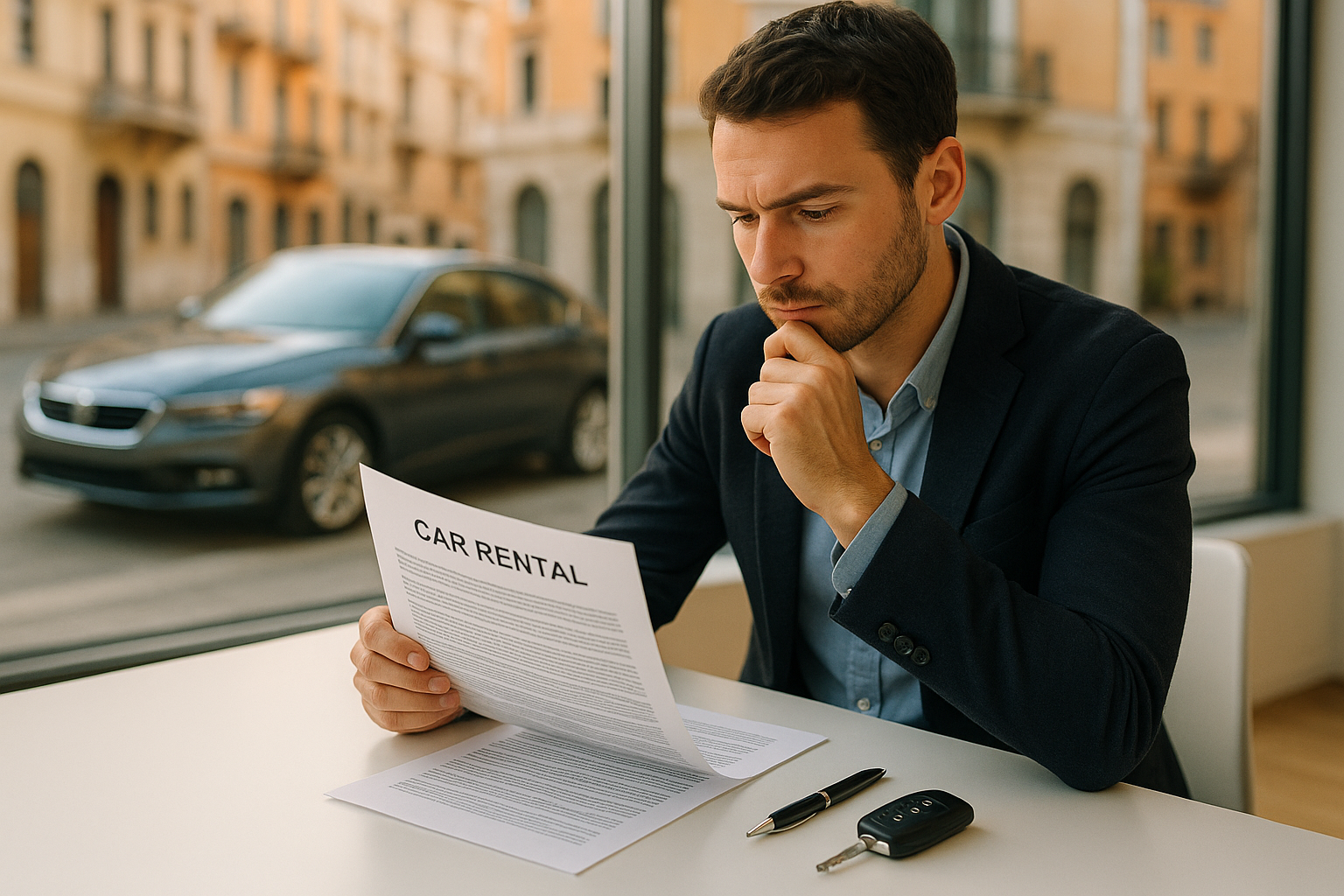 Persona che legge un contratto di noleggio a lungo termine con chiavi auto sul tavolo