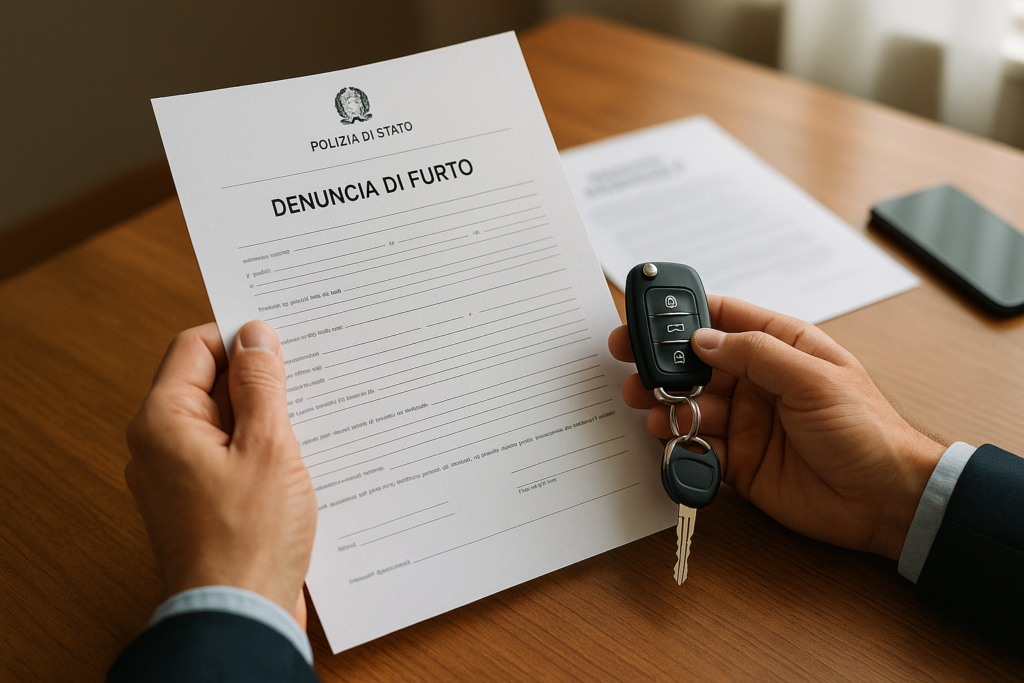 Denuncia di furto auto e chiavi del veicolo sul tavolo per attivare la copertura assicurativa del noleggio a lungo termine