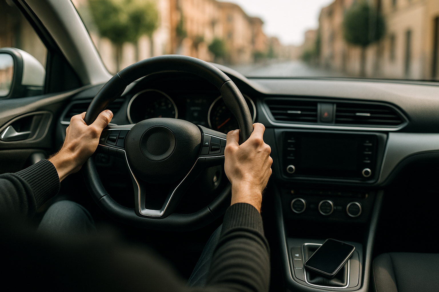 Conducente con le mani sul volante e smartphone posato sul sedile per evitare distrazioni alla guida