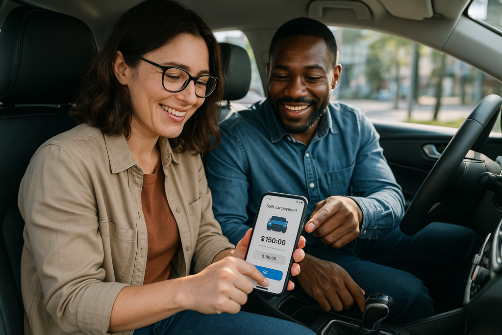 Colleghi che dividono i costi del noleggio condiviso tramite app sullo smartphone