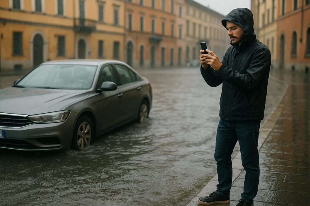 Conducente documenta con lo smartphone i danni dell'auto a noleggio allagata