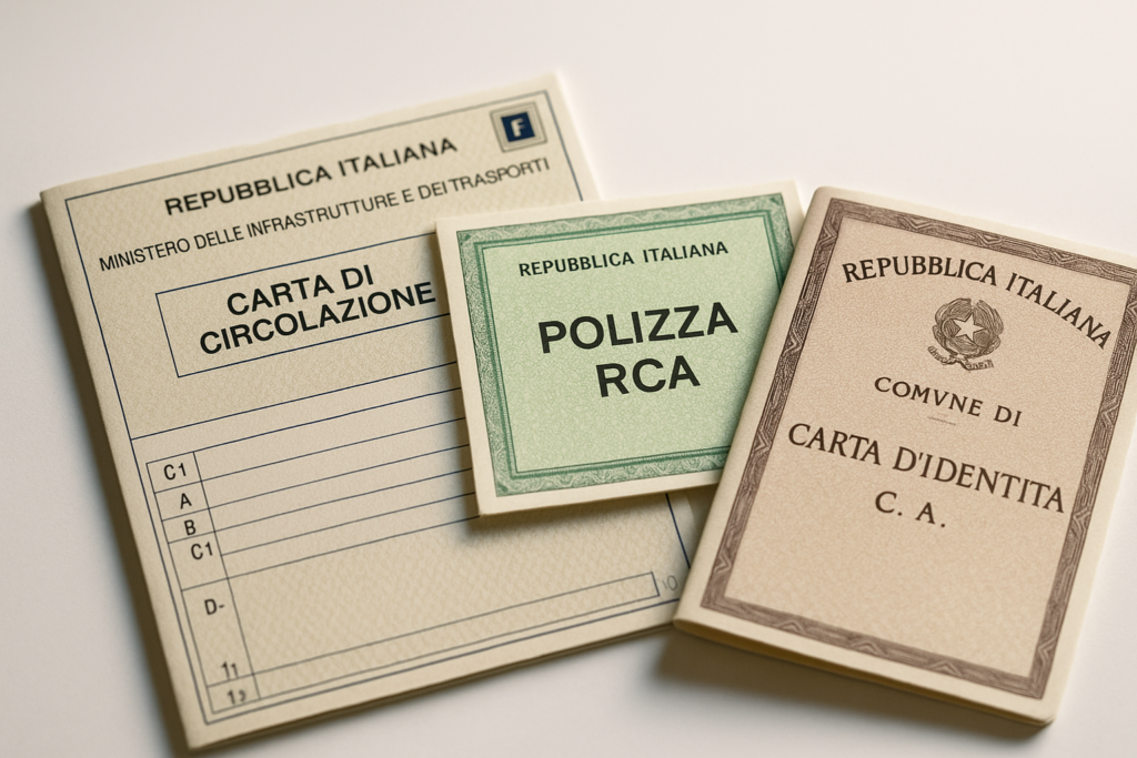 Documenti necessari per la revisione auto in noleggio a lungo termine: carta di circolazione, assicurazione RCA e documento d'identità