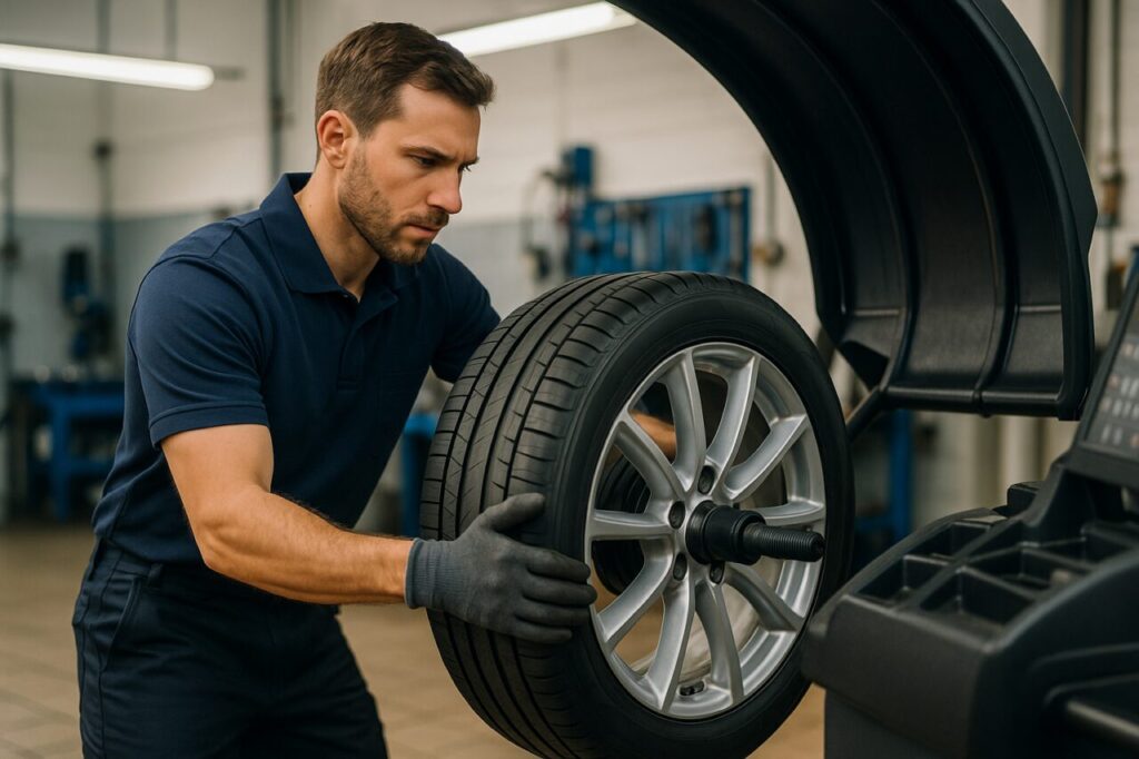 Meccanico che esegue l'equilibratura delle ruote in officina per eliminare le vibrazioni al volante