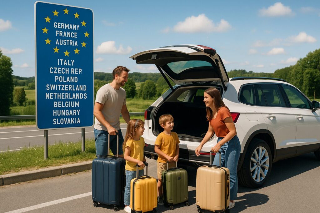 Famiglia che carica i bagagli su un'auto a noleggio a lungo termine per un viaggio in Europa