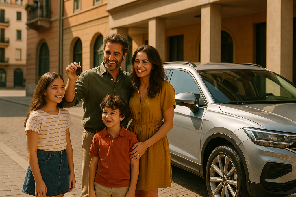 Famiglia italiana con SUV in noleggio a lungo termine senza anticipo tutto incluso
