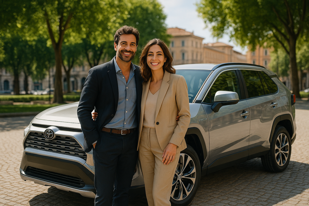 Famiglia italiana con SUV ibrido in noleggio a lungo termine sostenibile senza anticipo