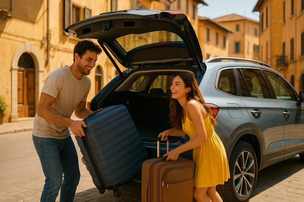 Coppia italiana che carica i bagagli in un SUV a noleggio lungo termine per le vacanze estive