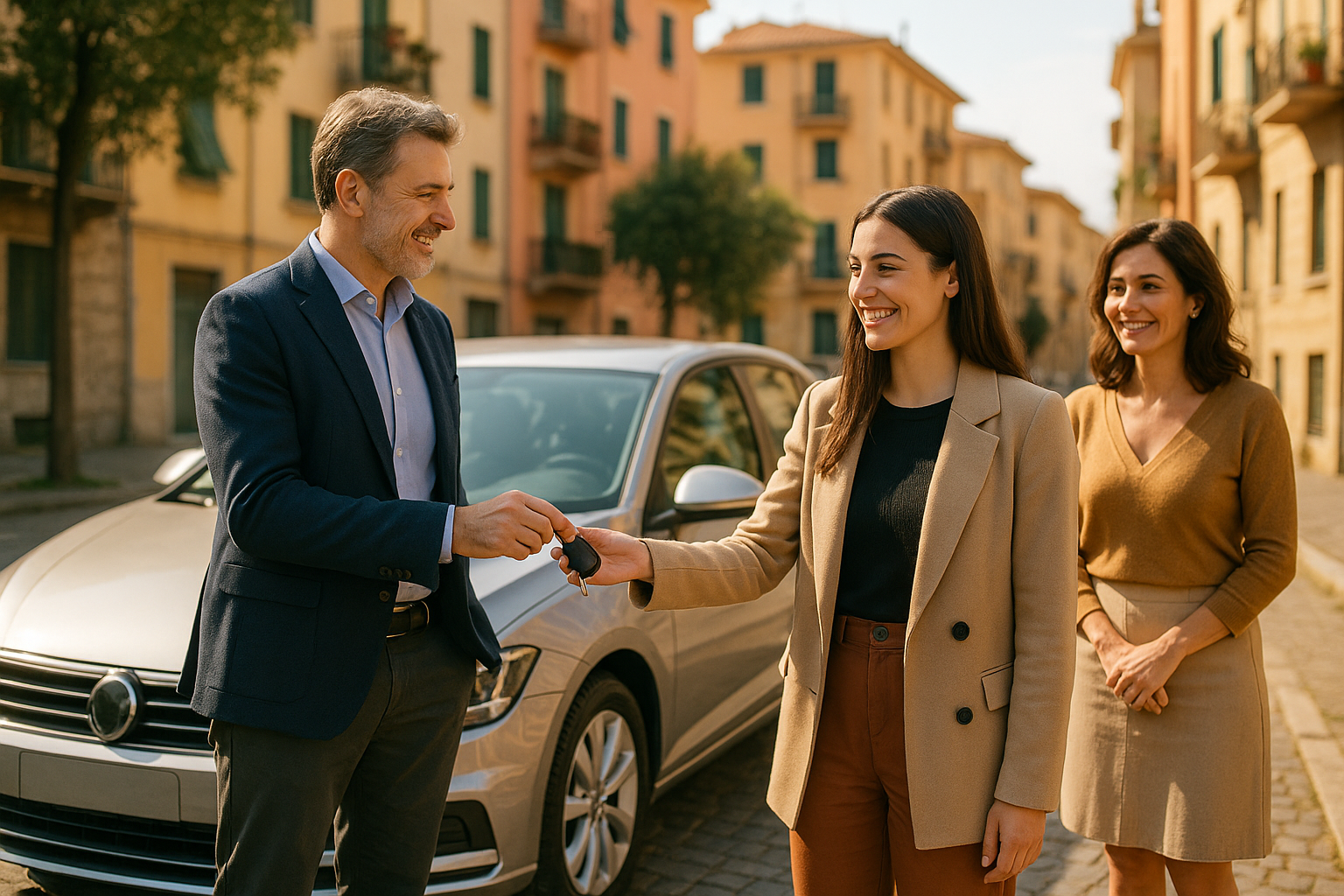 Familiare che riceve le chiavi di un'auto a noleggio a lungo termine da un adulto sorridente in una strada italiana