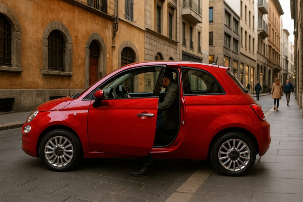 Fiat 500 Hybrid rossa parcheggiata in una strada urbana italiana con edifici storici, auto perfetta per il noleggio a lungo termine in città