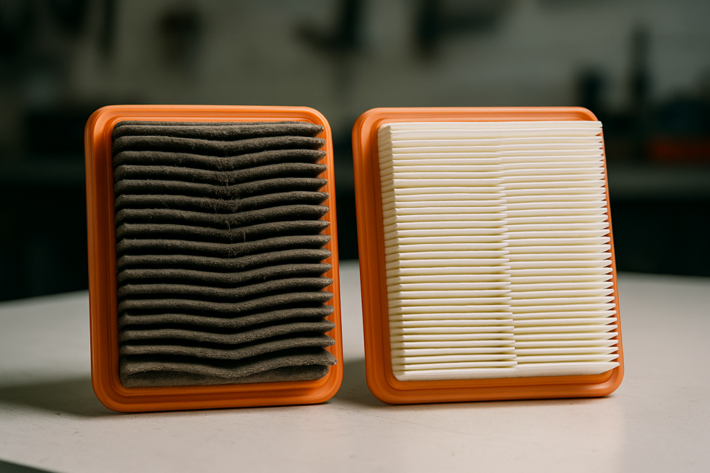 Filtro dell'aria intasato a confronto con filtro nuovo, causa perdita di potenza del motore