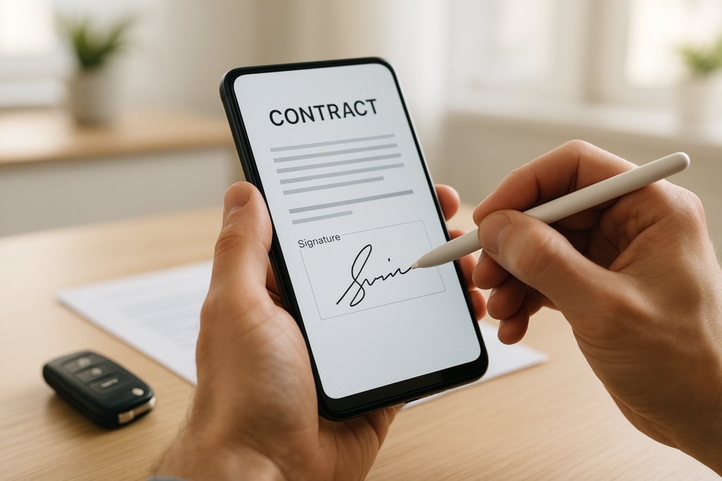 Firma digitale di un contratto di noleggio a lungo termine su smartphone, processo burocratico semplificato e dematerializzato